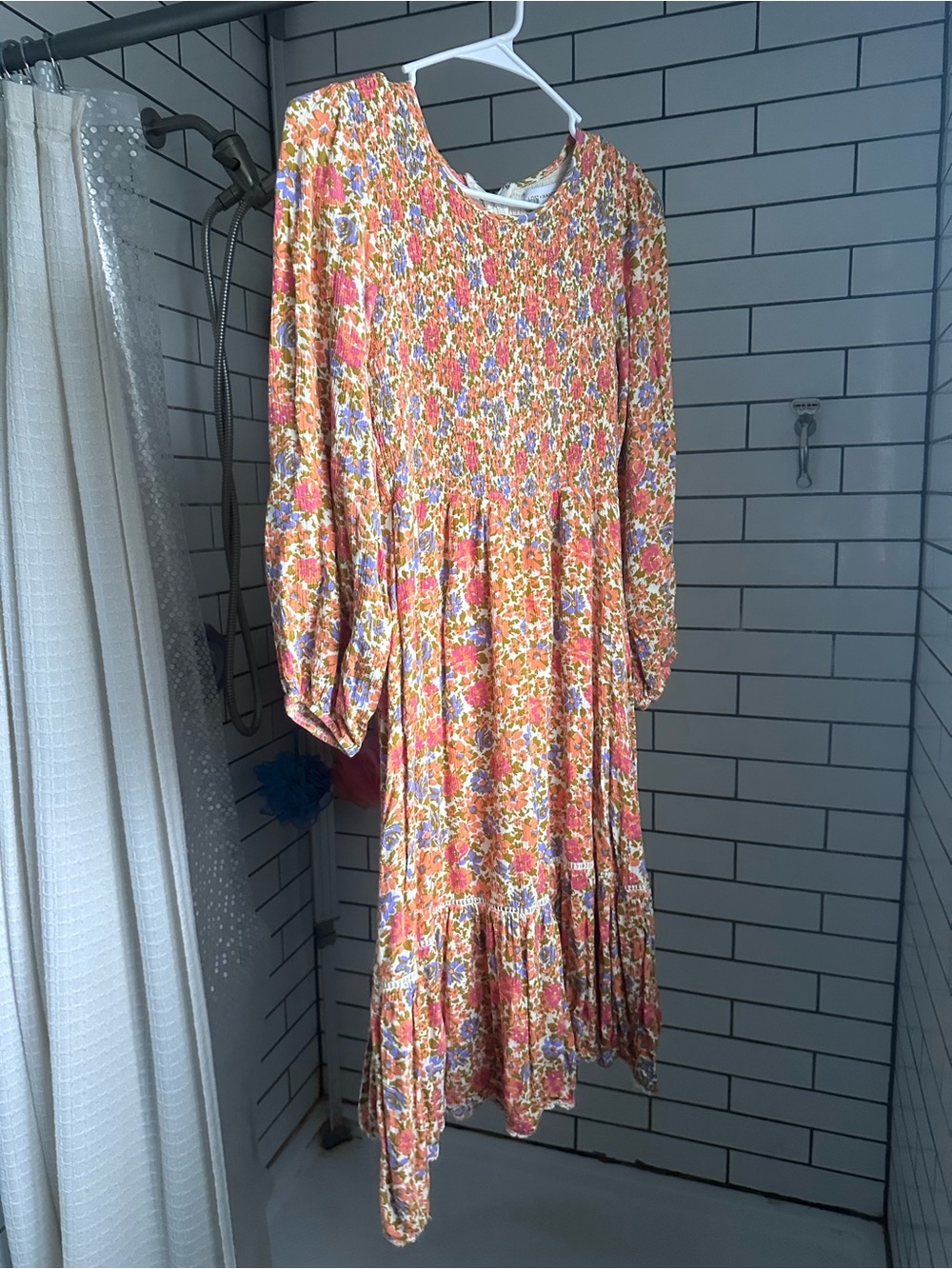 Lost + Wander Long Sleeve Floral Midi Dress in Orange, Pink and Cream